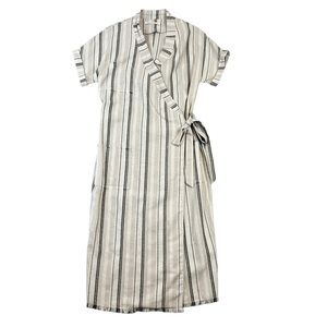 Hansen‎ & Gretel | Linen Blend Striped Short Sleeve Midi Length Wrap Dress